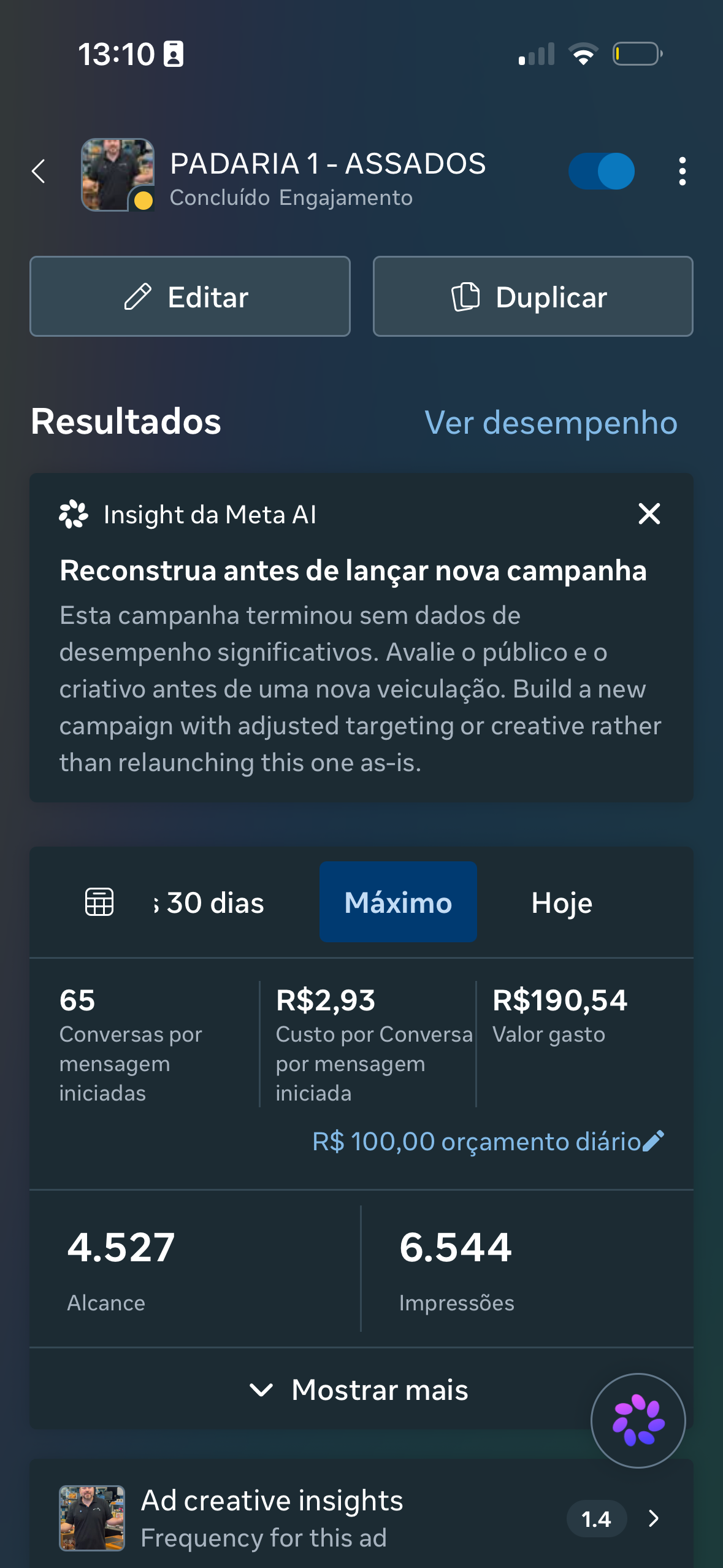 Print original da campanha Padaria / Assados: 65 conversas por mensagem iniciadas, custo de R$ 2,93 por conversa, alcance de 4.527 e investimento de R$ 190,54.