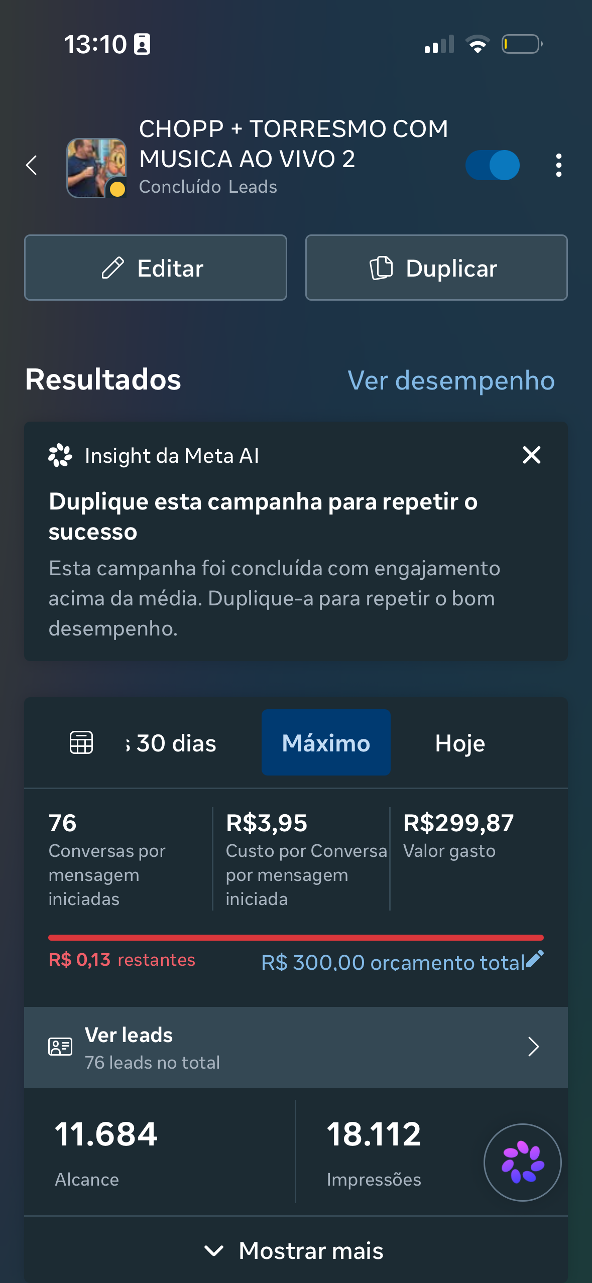 Print original: 76 conversas iniciadas, custo de R$ 3,95 por conversa, investimento de R$ 299,87, alcance de 11.684 e 18.112 impressões.