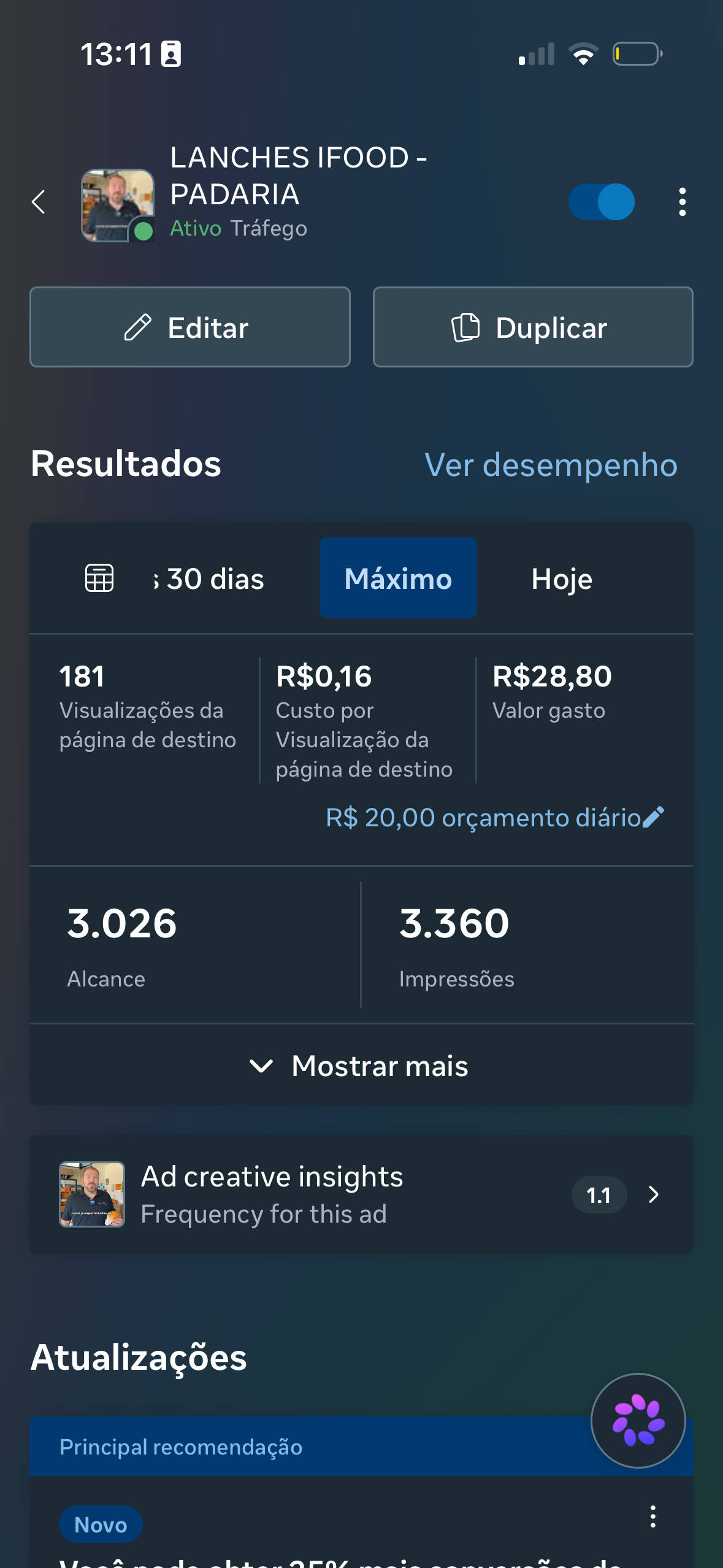 Print original da campanha Lanches / iFood: 181 visualizações da página de destino, custo de R$ 0,16 por visualização da página de destino, alcance de 3.026 e investimento de R$ 28,80.